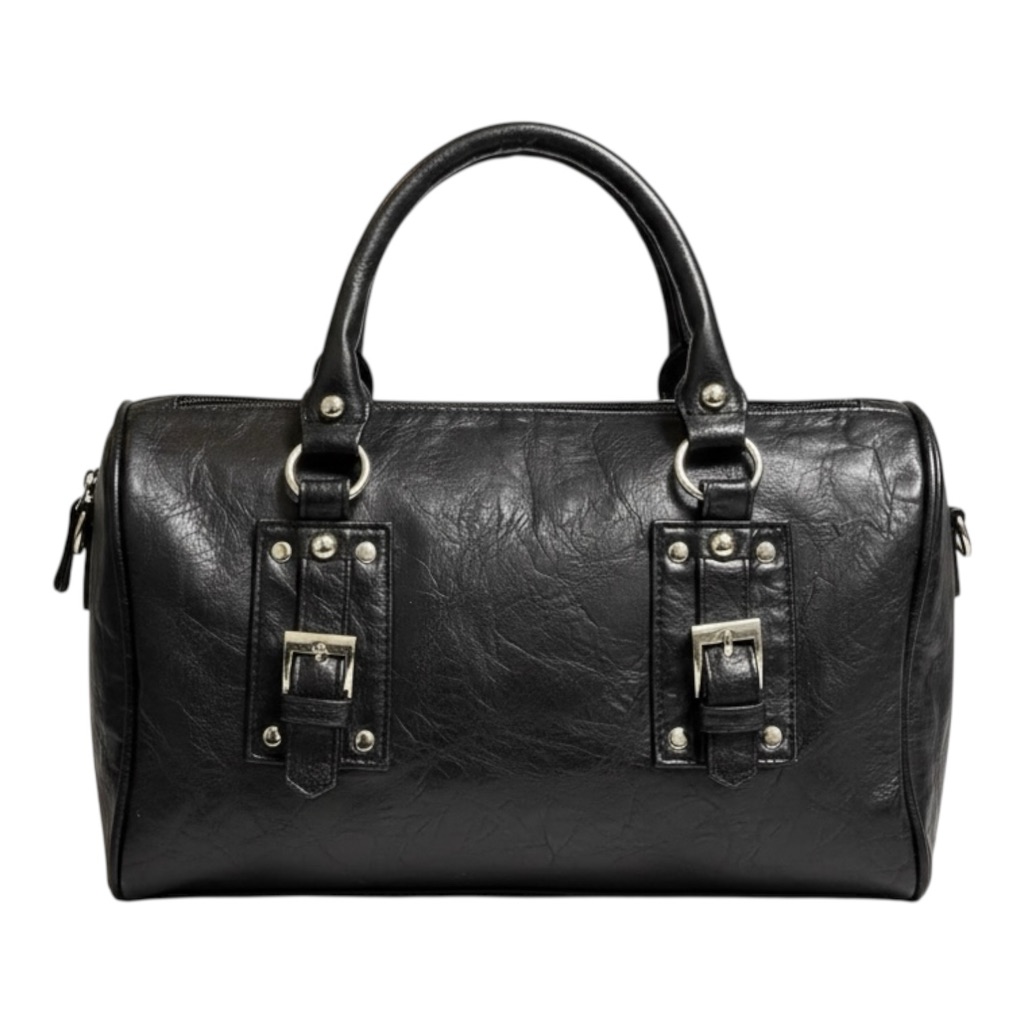 Black Leather Satchel Handbag Silver Buckles Medium Size Faux Leather